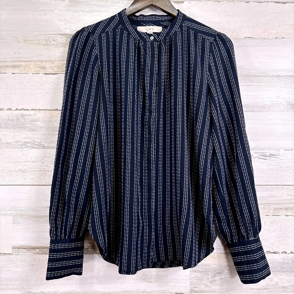 LOFT Navy‎ Striped Embroidered Mandarin Collar Puff Sleeve Button Up Blouse S